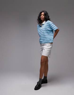 Topshop Striped Boxy Polo In Blue