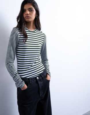 Topshop Striped Contrast Back Long Sleeve Top In Green