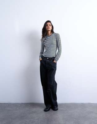 Topshop Striped Contrast Back Long Sleeve Top In Green