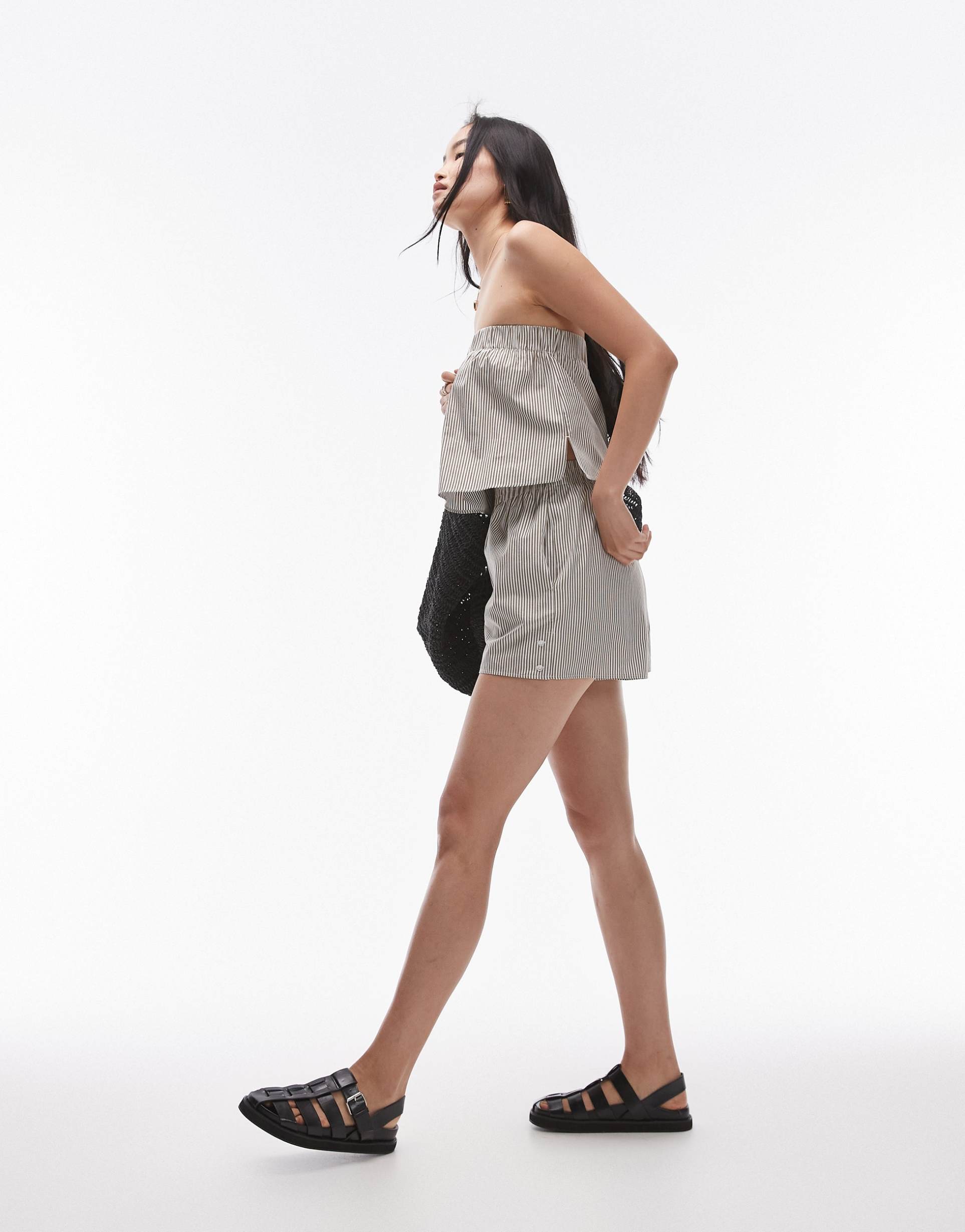 topshop striped cotton shorts in green - part of a set