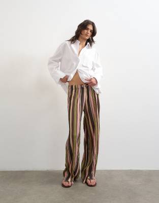 Topshop Striped Crinkle Tie Waist Wide Leg Pants In Brown