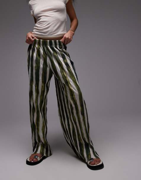 Topshop striped crinkle wide leg pants in green - view 1