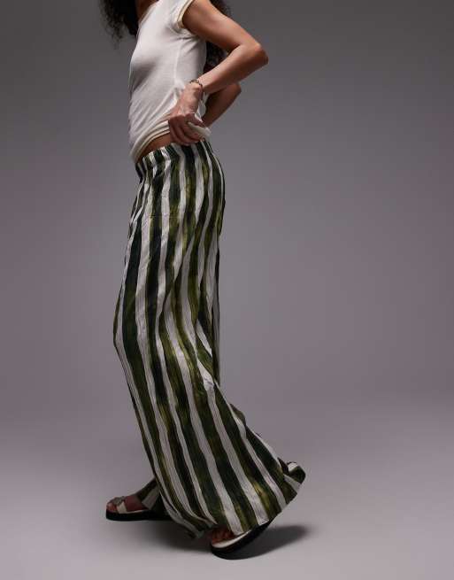 Topshop striped crinkle wide leg pants in green