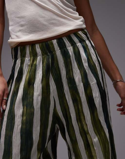 Topshop striped crinkle wide leg pants in green, 3 of 5