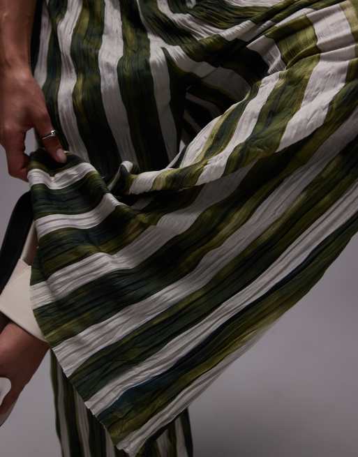 Topshop striped crinkle wide leg pants in green