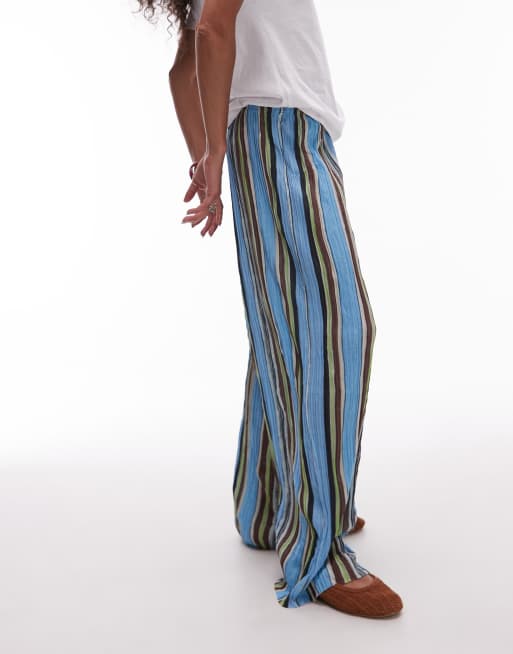 Topshop striped crinkle wide leg pants in multi