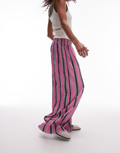 Topshop striped crinkle wide leg pants in pink - view 2