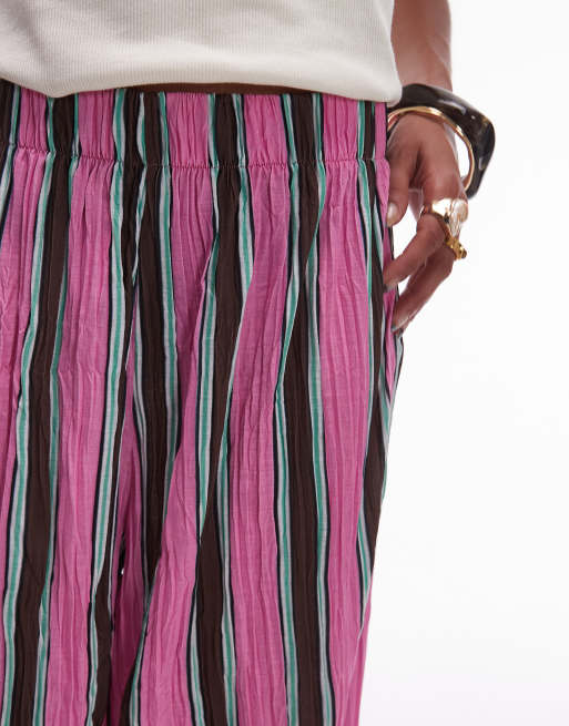 Topshop striped crinkle wide leg pants in pink