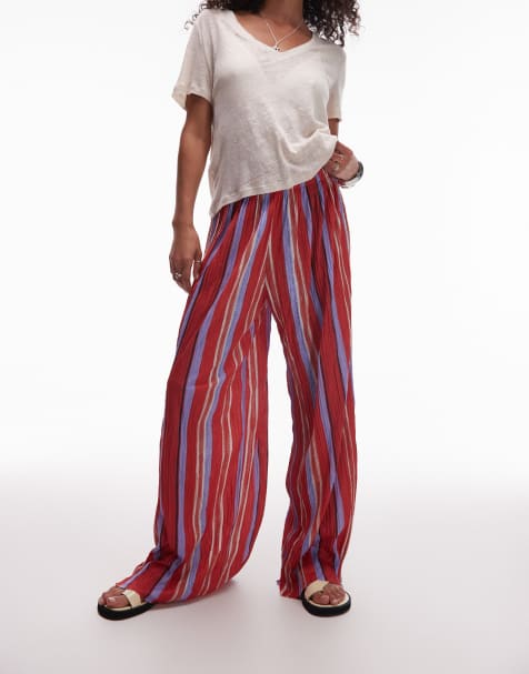 Topshop striped crinkle wide leg pants in red and lilac - view 1