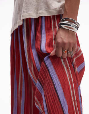 Topshop Striped Crinkle Wide Leg Pants In Red