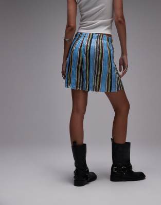 Topshop Striped Crinkle Wide Leg Shorts In Blue
