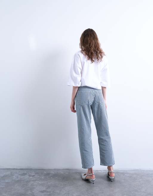 Topshop striped cropped mid rise straight leg pants in blue, 3 of 7
