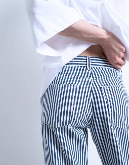 Topshop striped cropped mid rise straight leg pants in blue, 4 of 7