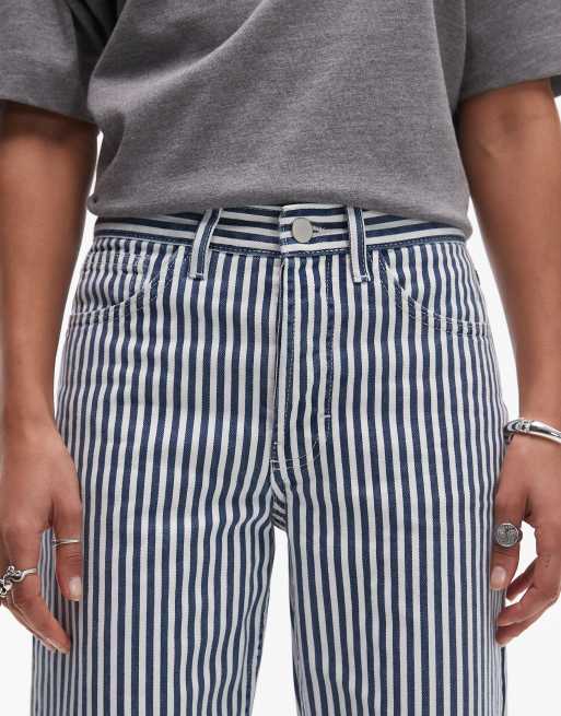 Topshop striped cropped mid rise straight leg pants in blue