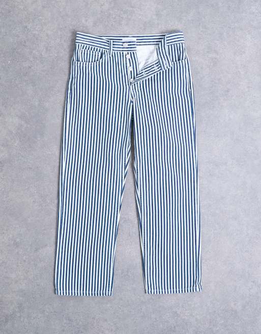 Topshop striped cropped mid rise straight leg pants in blue, 6 of 7