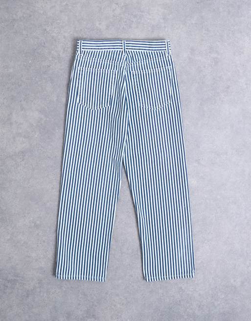 Topshop striped cropped mid rise straight leg pants in blue, 7 of 7
