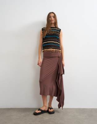 Topshop Striped Draped Midi Skirt In Brown
