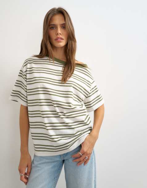 Topshop striped fallen shoulder t-shirt in white and green - view 1
