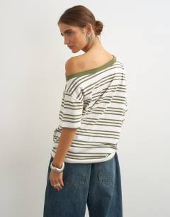 Model wearing Striped fallen shoulder t-shirt in white and green