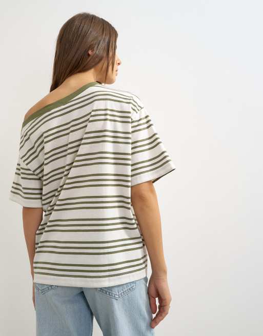 Topshop striped fallen shoulder t-shirt in white and green, 4 of 4