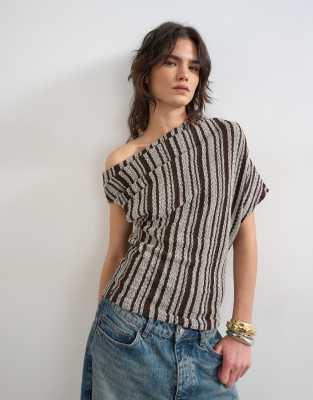 Topshop striped fallen shoulder textured top in gray