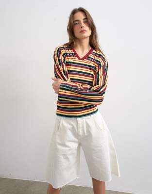 Topshop Striped Gathered Yoke Seam Long Sleeve Top In Multi