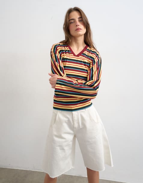 Topshop striped gathered yoke seam long sleeve top in yellow - view 1