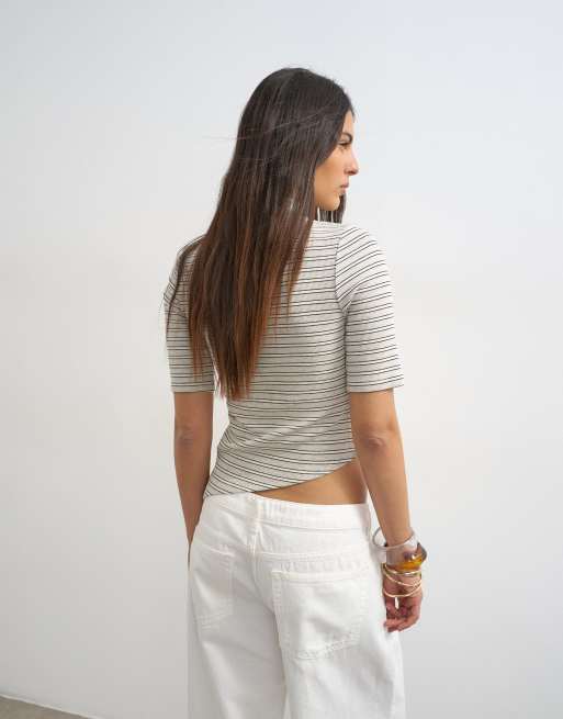 Topshop striped high neck ruffle button up half sleeve top in neutral, 3 of 4