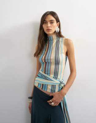 Topshop striped high neck tank in blue