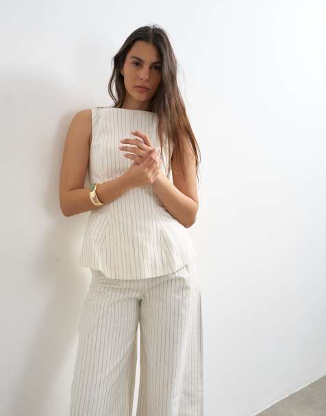 Topshop striped high neck top in white - part of a set - view 1