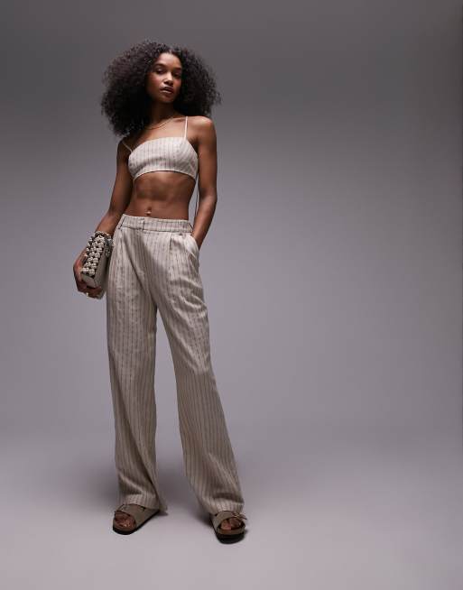 High-Waisted Striped Linen-Blend Wide-Leg Pants