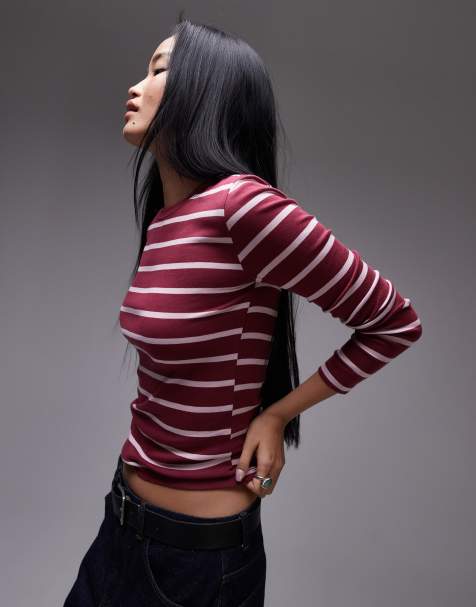 Topshop striped long sleeve everyday tee in burgundy - view 1