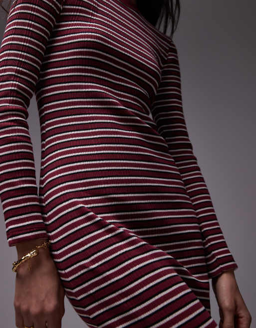 Topshop striped long sleeve maxi dress in burgundy, 3 of 4