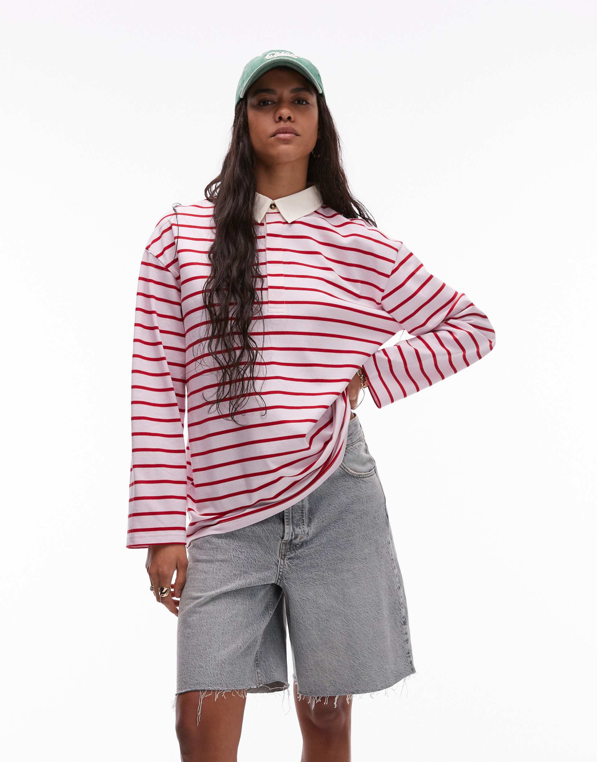 topshop striped long sleeve polo top in pink