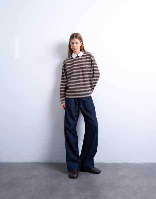 Topshop Striped Long Sleeve Rugby Polo Top In Brown