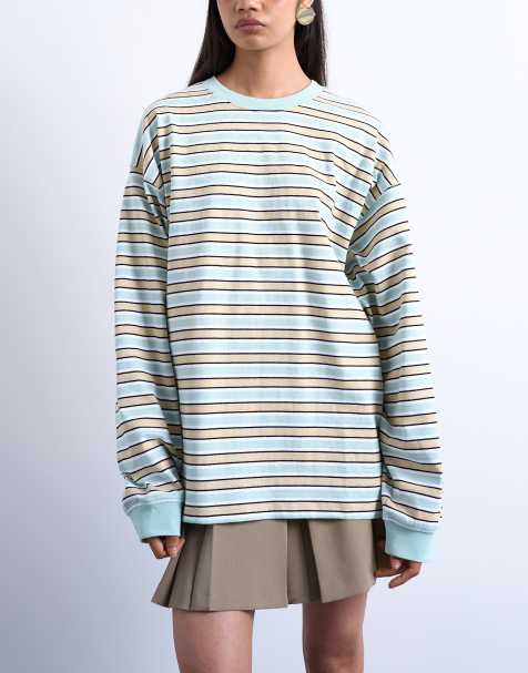 Topshop striped long sleeve slouchy skater tee in beige - view 1
