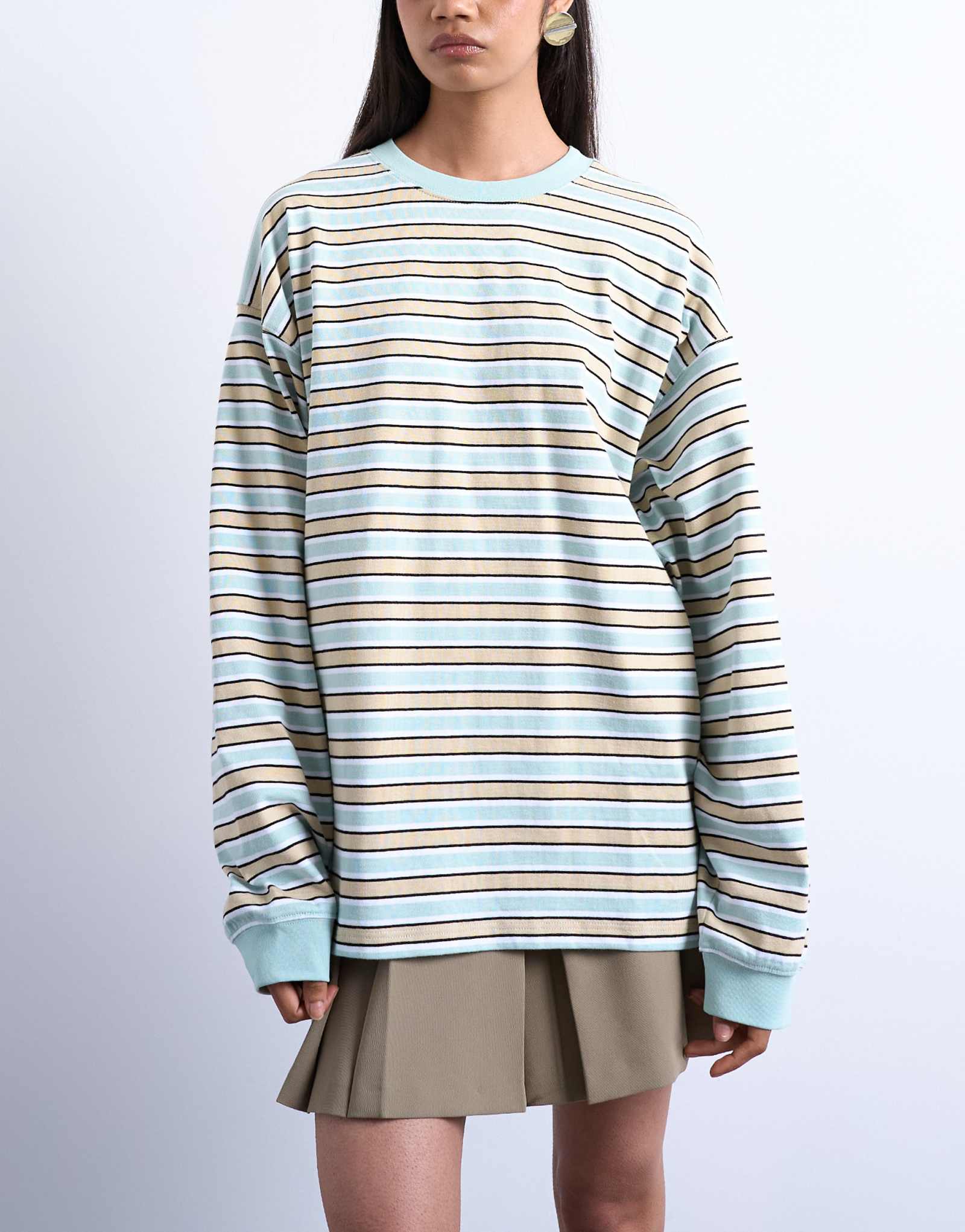 Бежевая облегающая футболка в полоску с длинным рукавом от Topshop бежевого цвета