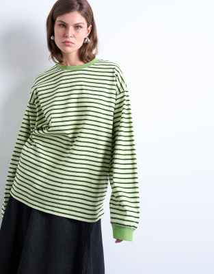 Topshop Striped Long Sleeve Slouchy Skater Tee In Green