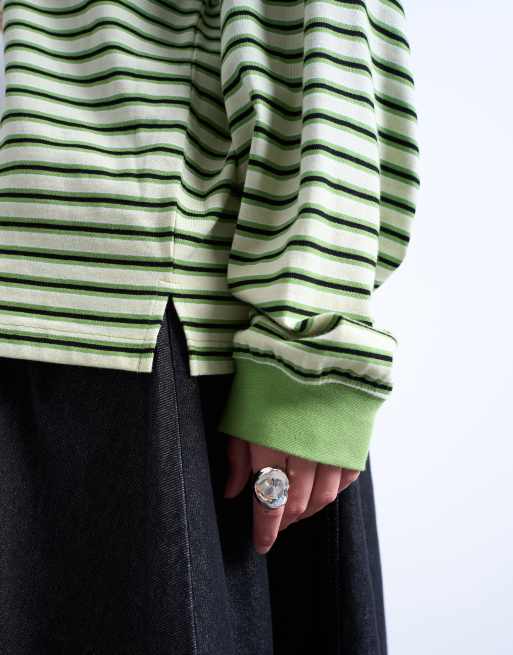 Topshop striped long sleeve slouchy skater tee in green, 4 of 4