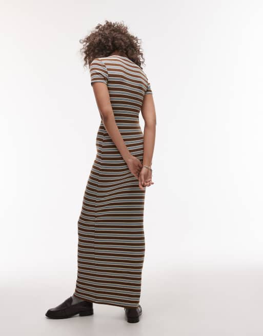 Topshop striped maxi polo dress in chocolate brown, 4 of 4