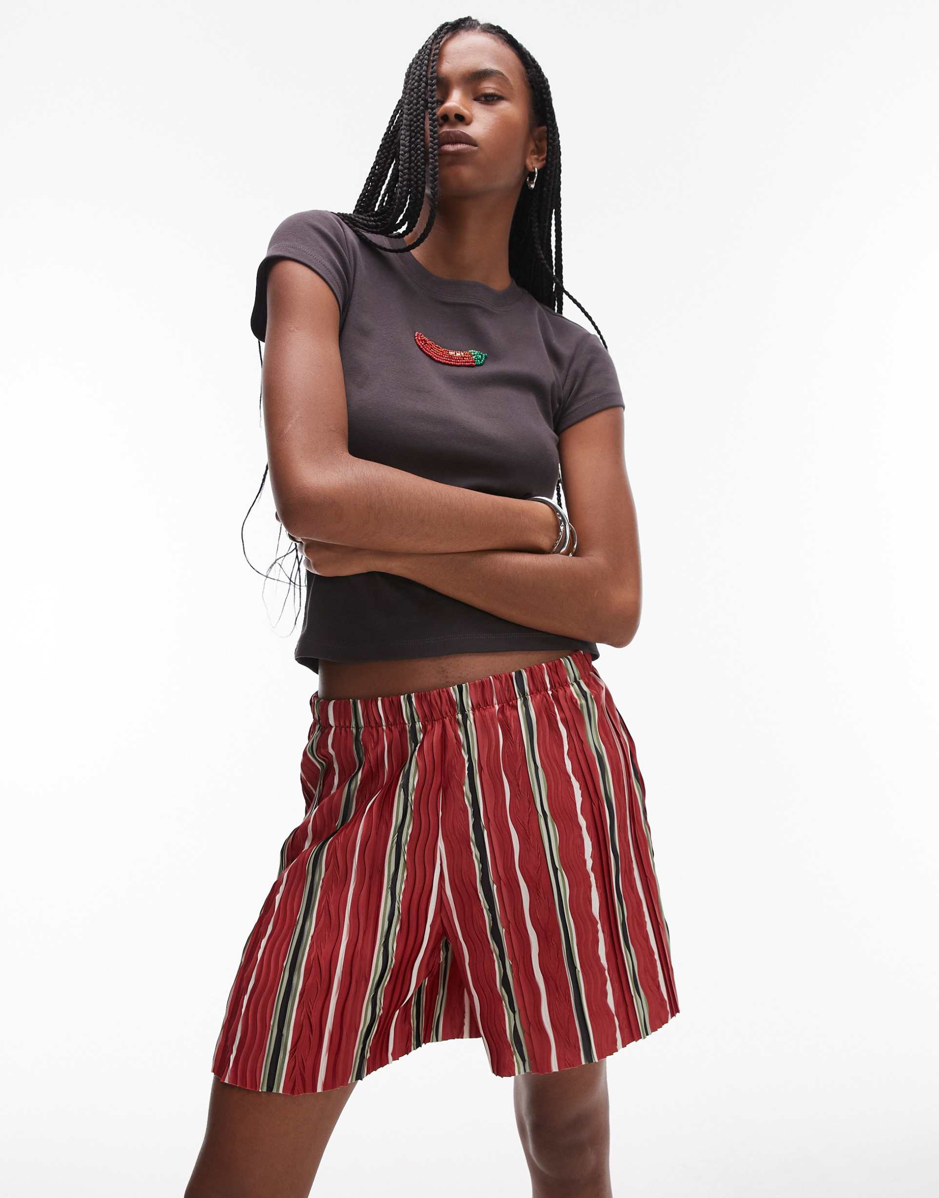 topshop striped plisse wide leg shorts in red