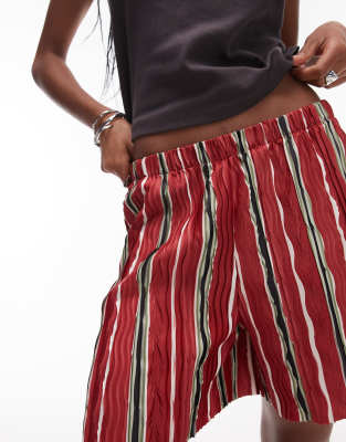 Topshop Striped Plisse Wide Leg Shorts In Red