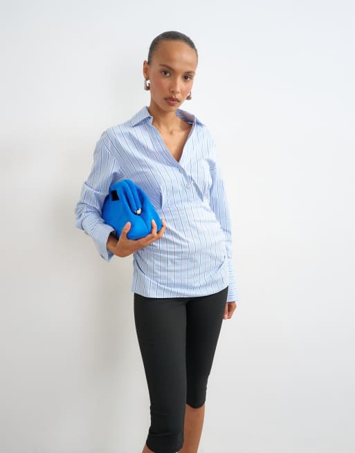 Topshop striped poplin cinch waist shirt in blue, 3 of 4