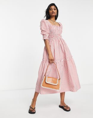 Topshop striped poplin tiered midi dress in red