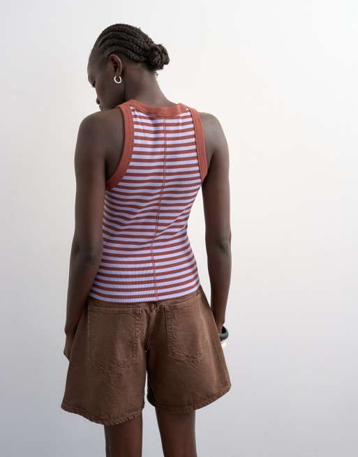 Topshop striped rib knit racer back tank top in brown, 2 of 4