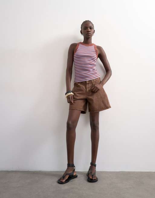 Topshop striped rib knit racer back tank top in brown, 3 of 4