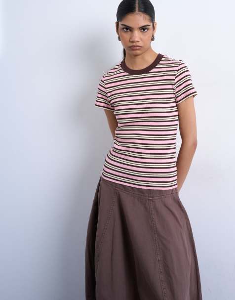 Topshop striped ribbed short sleeve tee in pink and brown - view 1