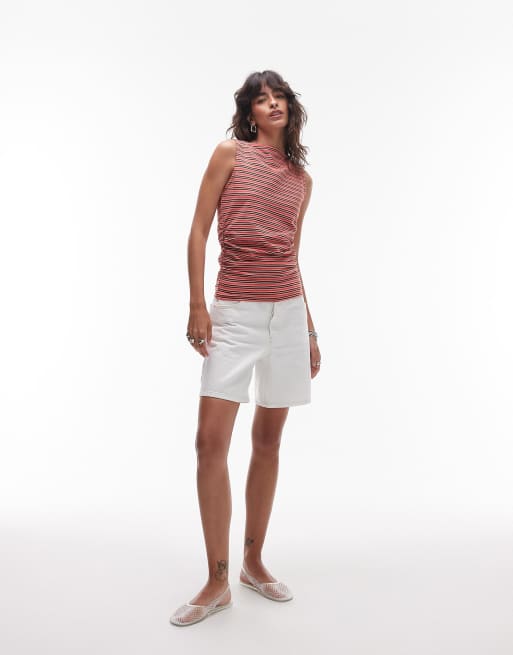 Topshop striped ruched side tank in red and brown, 3 of 4