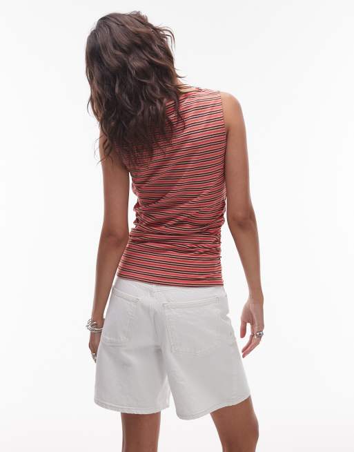 Topshop striped ruched side tank in red and brown, 4 of 4