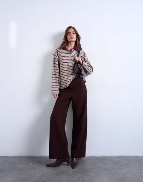 Topshop striped rugby long sleeve polo top in oat and burgundy - view 1